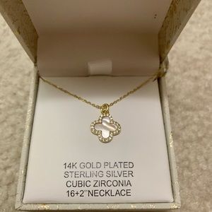 Rachel Zoe Clover Necklace Mother of Pearl 14k Gold Plated Sterling Silver CZ